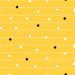 Star Seamless Yellow Striped Pattern. Vector Starry Sky Background. Festive Stars Wallpaper. Holiday and Birthday Party Design.