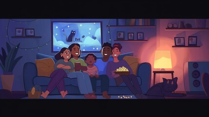 Family, Indian parents with their children sitting on couch watching movie in cozy living room with large TV. Drawn style. Concept of lifestyle, togetherness, human touch, relax, time together.