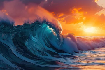 Fototapeten a huge wave crashing at sunset. beautiful sunset wave vibrant translucent color © Rangga Bimantara