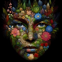 A face emerges from an intricate tapestry of flowers, leaves, and branches, blurring the lines between nature and humanity.