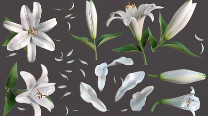 Set of Springtime Lily Flowers and Petals Isolated on White Background


