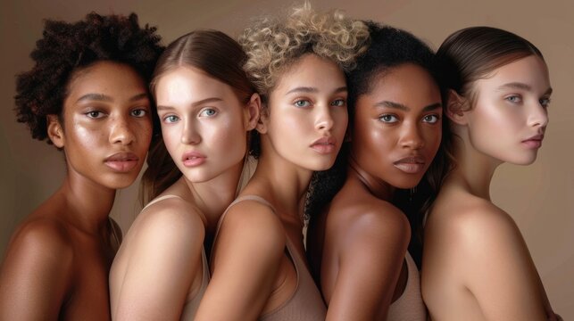 Beautiful, young women of different ethnics and nationalities in profile pose against sandy color studio background. Concept of natural beauty, diverse ethnicities and nationalities, multicultural. - Powered by Adobe