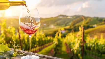 Fototapeten Wine glass with poured red wine and vineyard landscape of sunshine © VetalStock
