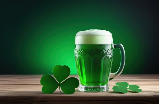 Beautiful background for St Patrick s day with glass of green beer and shamrock leaves wooden table