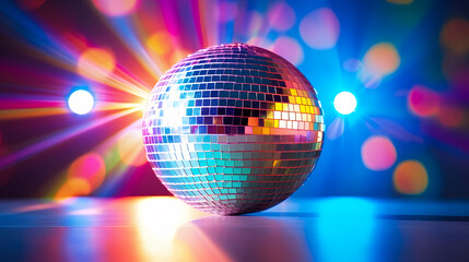 Obraz premium Disco ball sphere with colorful disco lights at party