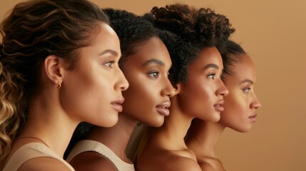 Group portrait of young diverse ethnicities women posing in profile view against sandy color background. Multiethnic beauty. Concept of natural beauty, diverse ethnicities and nationalities. - Powered by Adobe