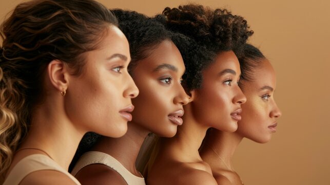 Group portrait of young diverse ethnicities women posing in profile view against sandy color background. Multiethnic beauty. Concept of natural beauty, diverse ethnicities and nationalities.