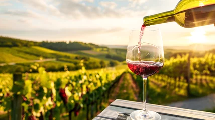 Rolgordijnen Wine glass with poured red wine and vineyard landscape of sunshine © VetalStock