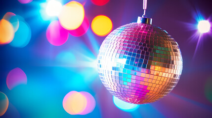 Obraz premium Disco ball sphere with colorful disco lights at party