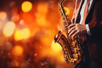 Close-up of saxophonists hands playing at jazz festival, musical background with copy space - obrazy, fototapety, plakaty