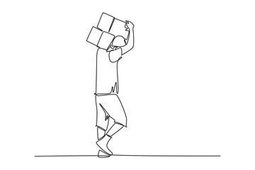 Single one line drawing of a man lifts an item on his shoulder. Shipping through the ocean. Delivery and packaging. Continuous line draw design graphic vector illustration