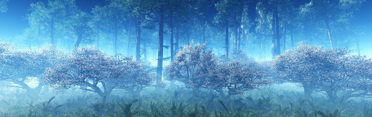 Spring in the park in the morning in the fog, blooming spring forest in the rays of the morning sun in the haze, 3D rendering