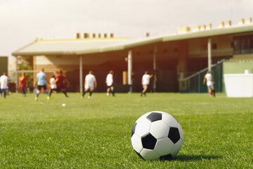 Football ball in the stadium. Soccer background. Classic soccer ball lying in the grass. Players...