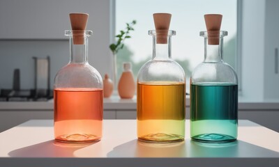 Three bottles with colorful liquid on table in laboratory.