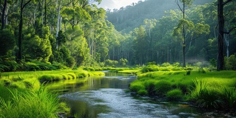 Tranquil nature view featuring meandering river through lush grassy landscape beauty with green trees and clear water ideal for capturing essence of peaceful outdoor environments of forest parks