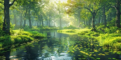 Tranquil nature view featuring meandering river through lush grassy landscape beauty with green trees and clear water ideal for capturing essence of peaceful outdoor environments of forest parks - obrazy, fototapety, plakaty