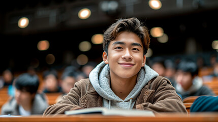 Smiling Male Student Seated in University Lecture Hall. A content male student with a welcoming smile sitting attentively in a university classroom setting.