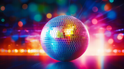 Obraz premium Disco ball sphere with colorful disco lights at party