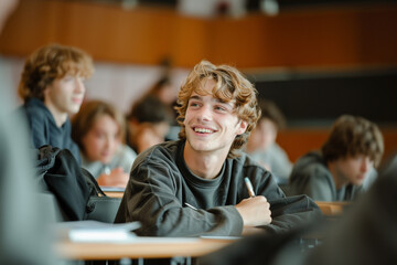 Fototapeta na wymiar Smiling Male Student Seated in University Lecture Hall. A content male student with a welcoming smile sitting attentively in a university classroom setting.