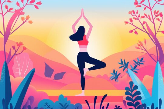 Flat design geomatrical illustration from a woman doing yoga. 