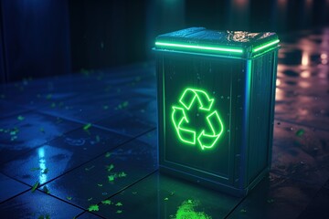 Bin. Futuristic neon recycle bin. Environmental Protection. Waste management. - obrazy, fototapety, plakaty