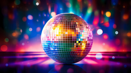 Obraz premium Disco ball sphere with colorful disco lights at party