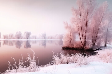 A serene, snowy landscape with frost-covered trees reflecting on a calm, dark lake under a soft, diffused light, ai generative