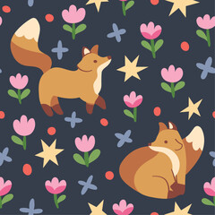 Cute seamless pattern with fox and floral elements. Vector illustration with cartoon drawings for print, fabric, textile. - 740022574