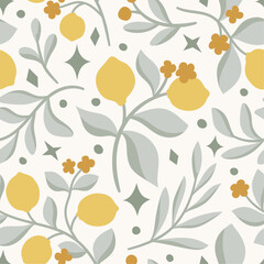 Vector tropical seamless pattern with fruit elements. Hand drawn lemons background. - 740022580