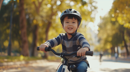Cheerful Child Enjoying Bike Ride in Sunny Park