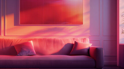 Modern Living Room with Vibrant Pink Tones and Abstract Art