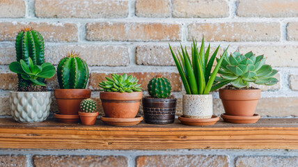 Assorted Potted Cacti and Succulents on Wooden Shelf
