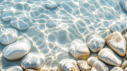 Smooth Pebbles Under Clear Water Ripple Pattern 