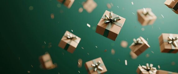Gifts in craft wrapping paper flying on green background, copy space, holidays and celebration concept. - obrazy, fototapety, plakaty