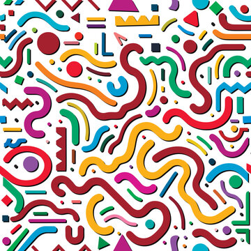 Fun squiggle doodle lines colorful seamless pattern. Creative abstract squiggle style drawing doodles background for children. Simple childish scribble wallpaper fabric print with geometric shapes