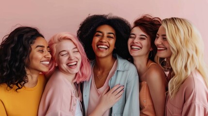 Obraz premium Diverse friends, young and beautiful women sharing lighthearted moment against soft pink studio background. Concept of natural beauty, diverse ethnicities and nationalities.