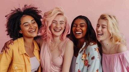 Group portrait of women in pastel clothing enjoying each other's company, with playful hair colors against soft studio background. Concept of natural beauty, diverse ethnicities and nationalities. - Powered by Adobe