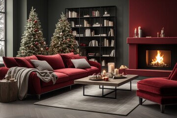 Warm and inviting christmas themed living room with corduroy sofa and festive decorations