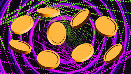 Obraz na płótnie Canvas Golden coin on neon light pink purple pink swirl line. Black background. Abstract geometric Glitch Art trippy digital wallpaper. Cyber network. NFT money. Wealth, success, financial growth concept.