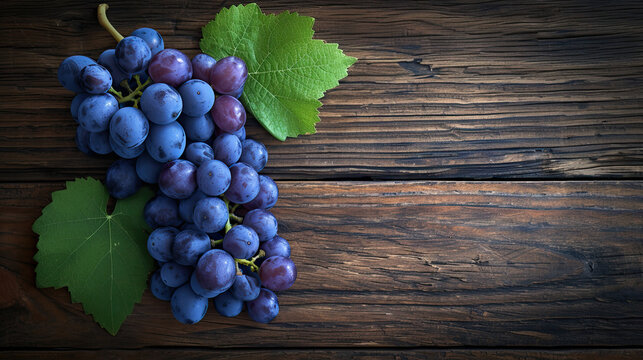 top view a bunch of purple grapes on a wooden background