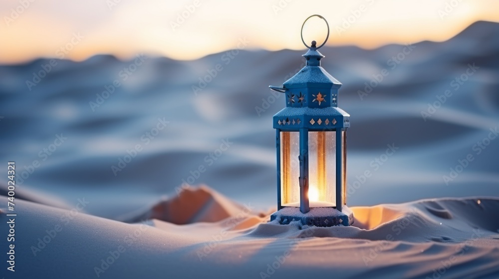 Wall mural Islamic lantern in snow desert with dates fruit