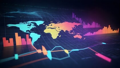 A stylized world map with glowing areas on a grid background, accompanied by abstract data visualization elements like graphs and lines