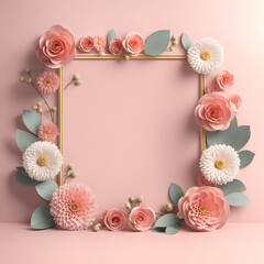 Fototapeta na wymiar Pastel Background Setting for 3D Empty Flower Frame Mockup. Sweet Romantic Greeting Card Concept.