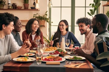 Happy, smiling young people of different nationalities gathered at table for dinner in cozy atmosphere at home. Concept of friendship, multicultural, nationalities, togetherness, party, lifestyle. - obrazy, fototapety, plakaty