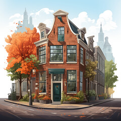 Amsterdam traditional houses view old city center. Vector illustration, flat design template