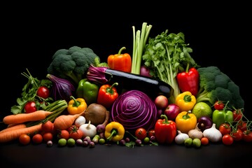 Colorful raw vegetables on a black background. Concept Food Photography, Vibrant Produce, Color Contrast, Black Background, Fresh Ingredients