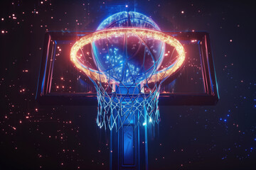 A basketball hoop glows with dynamic neon rings and sparkling light effects against a dark background.