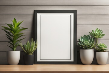 Minimalist Setup with Blank Poster Frame and Green Succulents