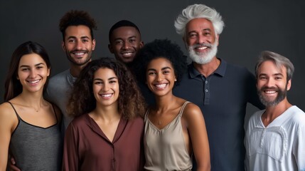 Fototapeta premium Smiling, positive multi-generational family, men and women different ages with various skin tones against grey dark background. Concept of multicultural, togetherness, nationalities, lifestyle