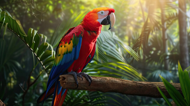 colorful macaw parrot on tree branch. wildlife scene tropical forest. colorful parrot on green tree in nature habitat